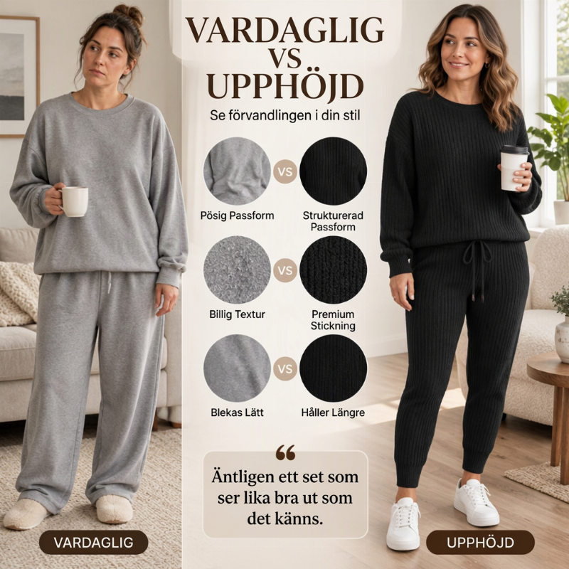 Tvådelat set i ribbad stickning för damer, i avslappnad stil