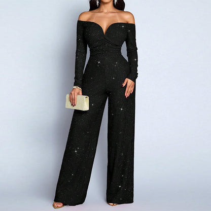 Elegant jumpsuit med paljetter och bar axel för damer