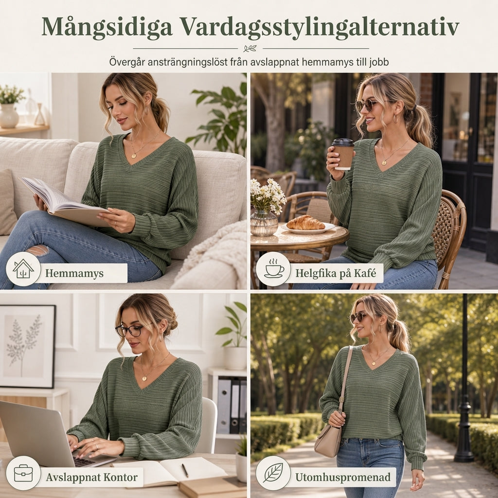 Långärmad V-ringad topp för kvinnor i avslappnad stil