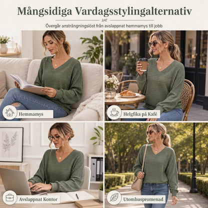 Långärmad V-ringad topp för kvinnor i avslappnad stil