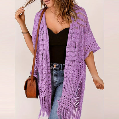 🌊 50% RABATT NU!✨ Dam Öppen Stickad Cover-Up med Tofsar – Bohemisk & Luftig – Strand Essential 🌴