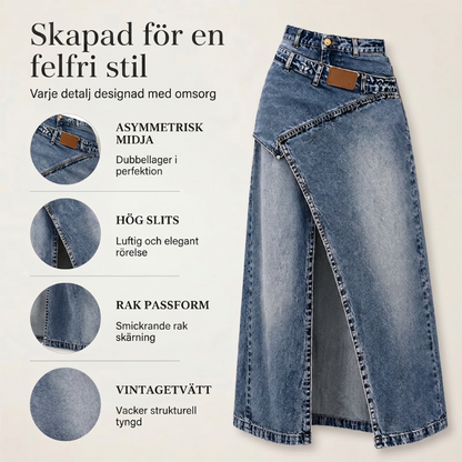 👗✨ Asymmetrisk lager denim maxikjol med slits