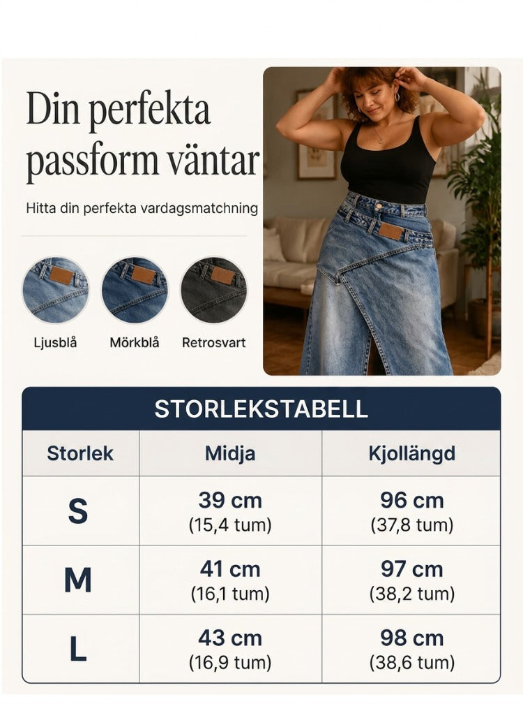 👗✨ Asymmetrisk lager denim maxikjol med slits