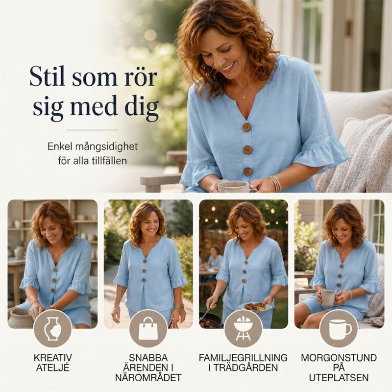 👚👖 V-ringat set med volangärmar och fickor