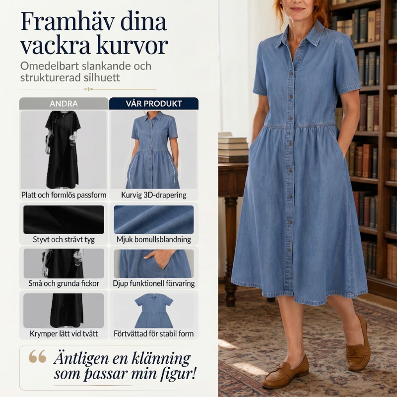 👗👖 Elegant avslappnad denimskjortklänning med fickor