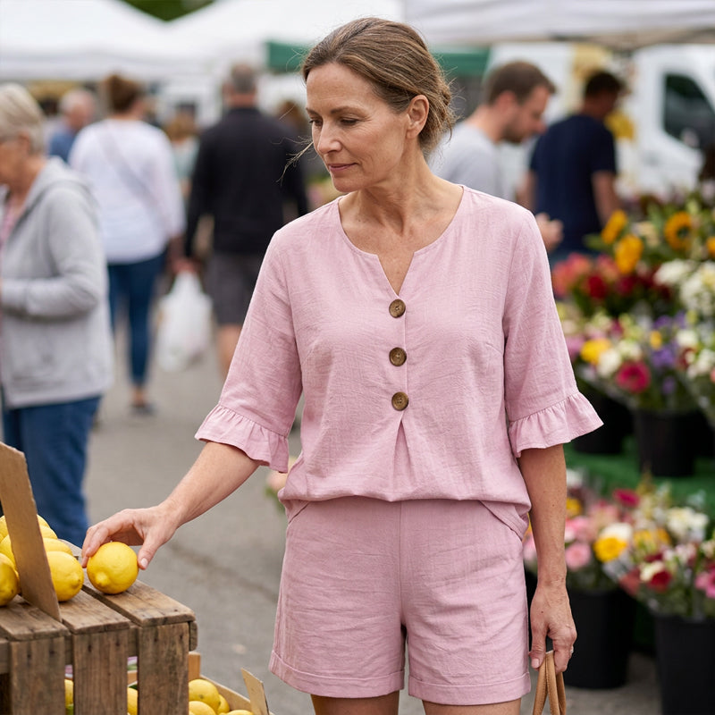 👚👖 V-ringat set med volangärmar och fickor