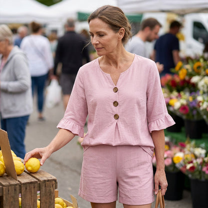 👚👖 V-ringat set med volangärmar och fickor