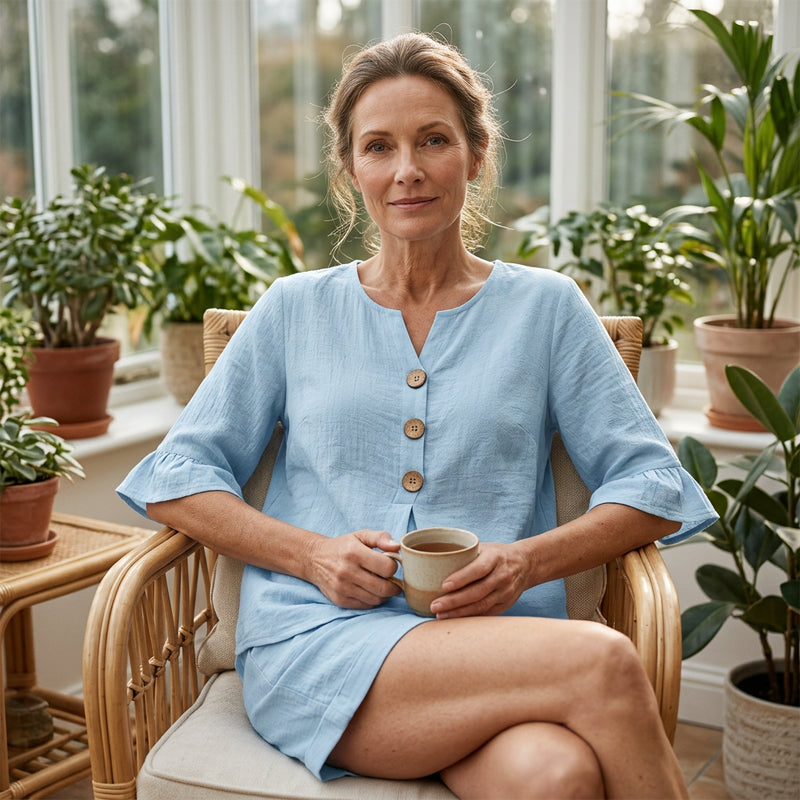 👚👖 V-ringat set med volangärmar och fickor