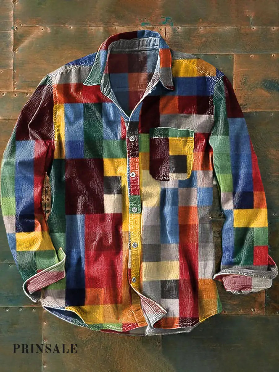 Unisex Simple Rainbow Color Plaid Vintage Printed Lapel Långärmad skjorta med fickor
