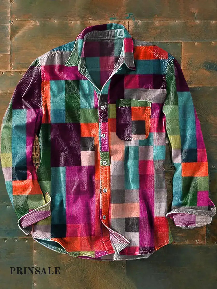 Unisex Simple Rainbow Color Plaid Vintage Printed Lapel Långärmad skjorta med fickor