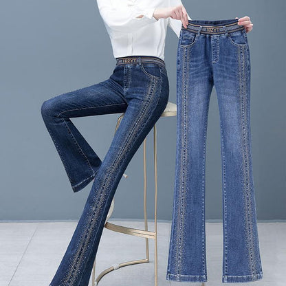 Stretchiga jeans med hög midja och bell bottom för kvinnor